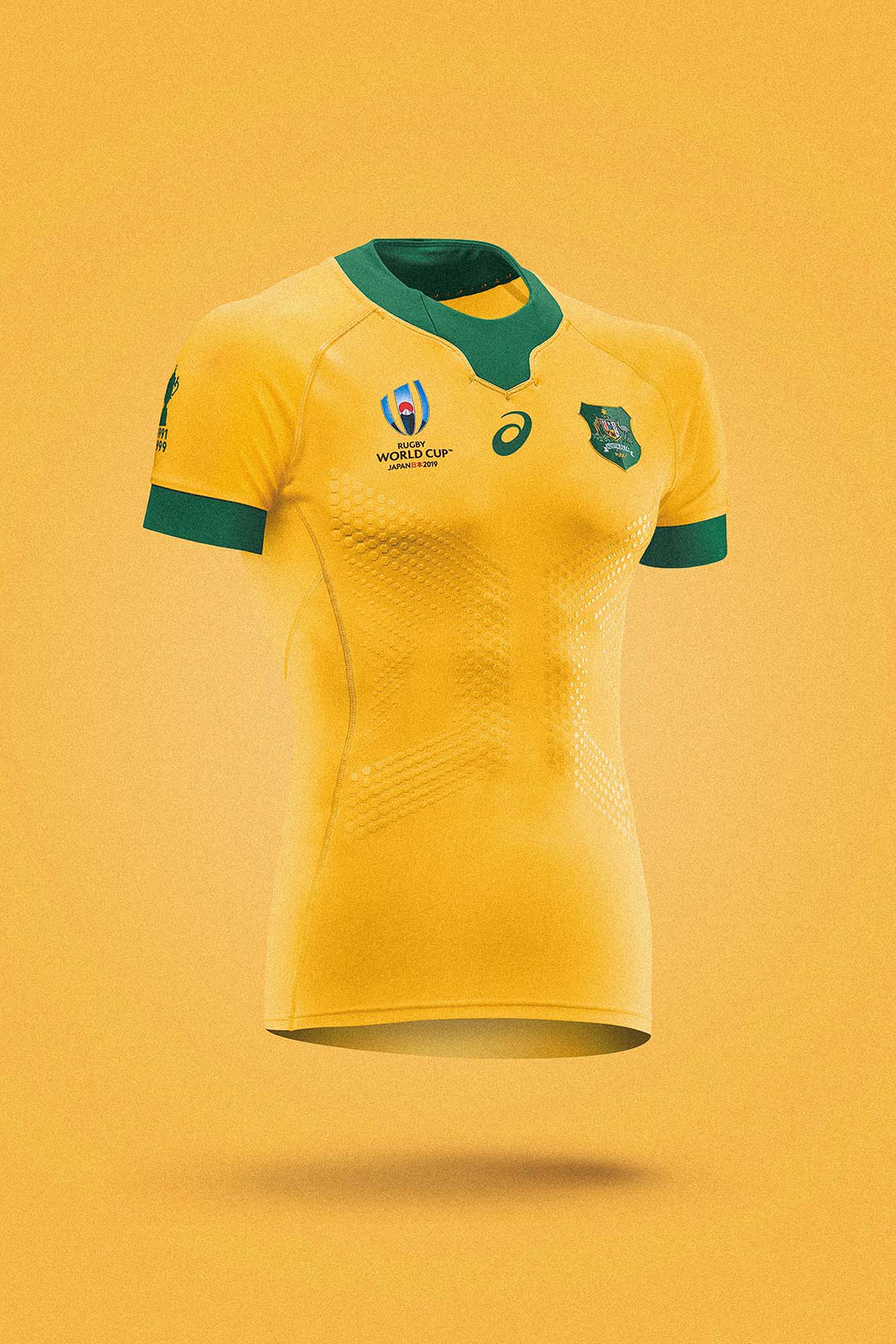Commercial Product Photography Of World Cup Australian Jersey captured for ASICS Australia, photographed on a vibrant yellow background