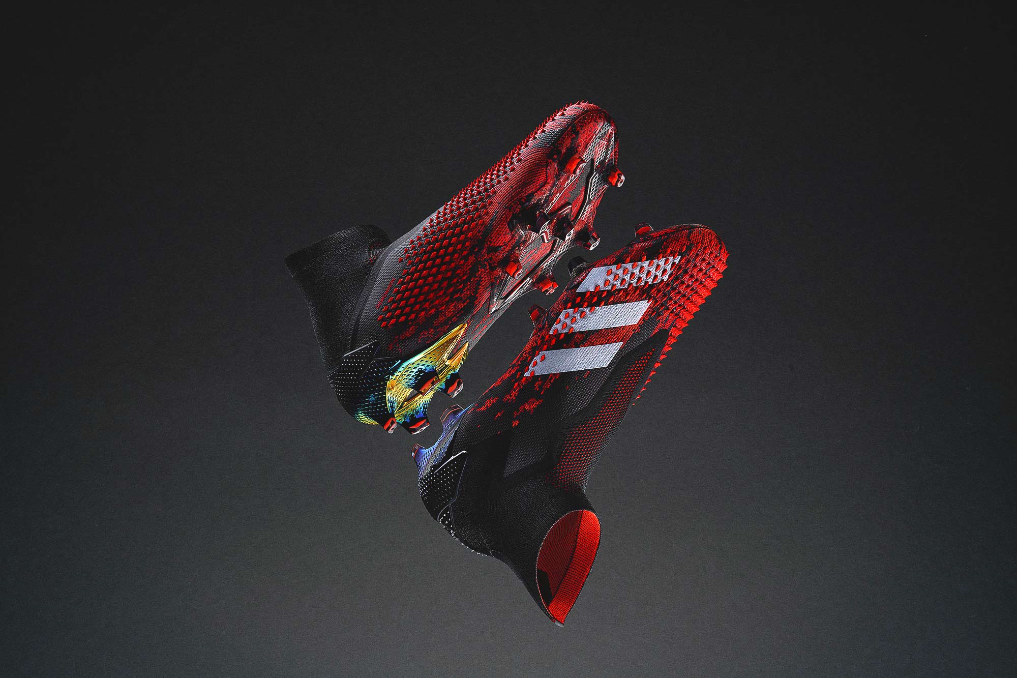 Close-up view of the latest Adidas Predator 2.0 Football Boot, showcasing its sleek design and advanced features, captured in a commercial product photography shoot for Adidas."