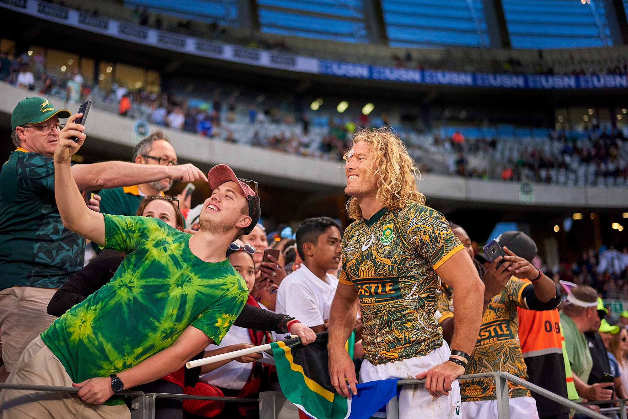 commercial sports photography captured at the hsbc sevens rugby tournament featuring blitzbok players