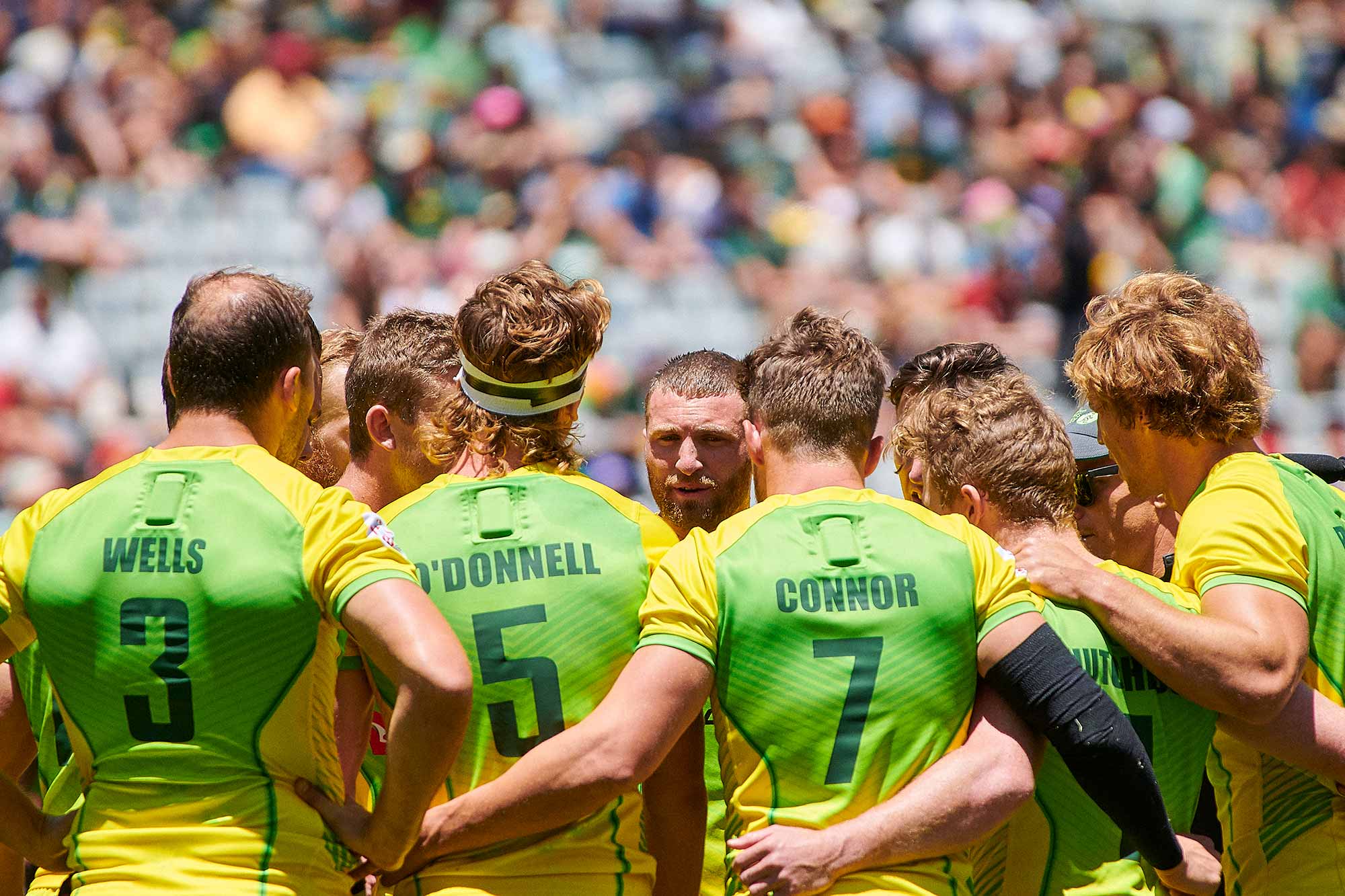Team photo of Australian Sevens Rugby team at the HSBC seven tournament held in South Africa
