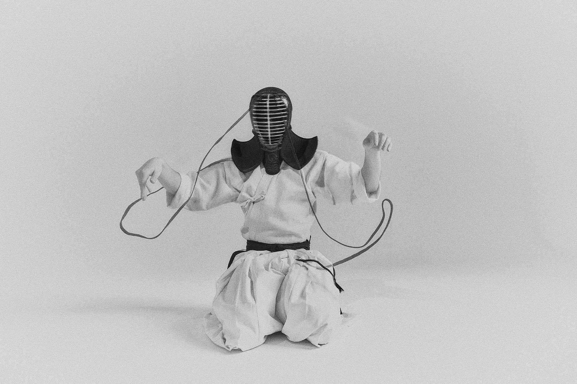 Black and white imagery of Kendo Modern Japanese Martial Art in studio, exploring a new angles on Kendo Martial Arts.